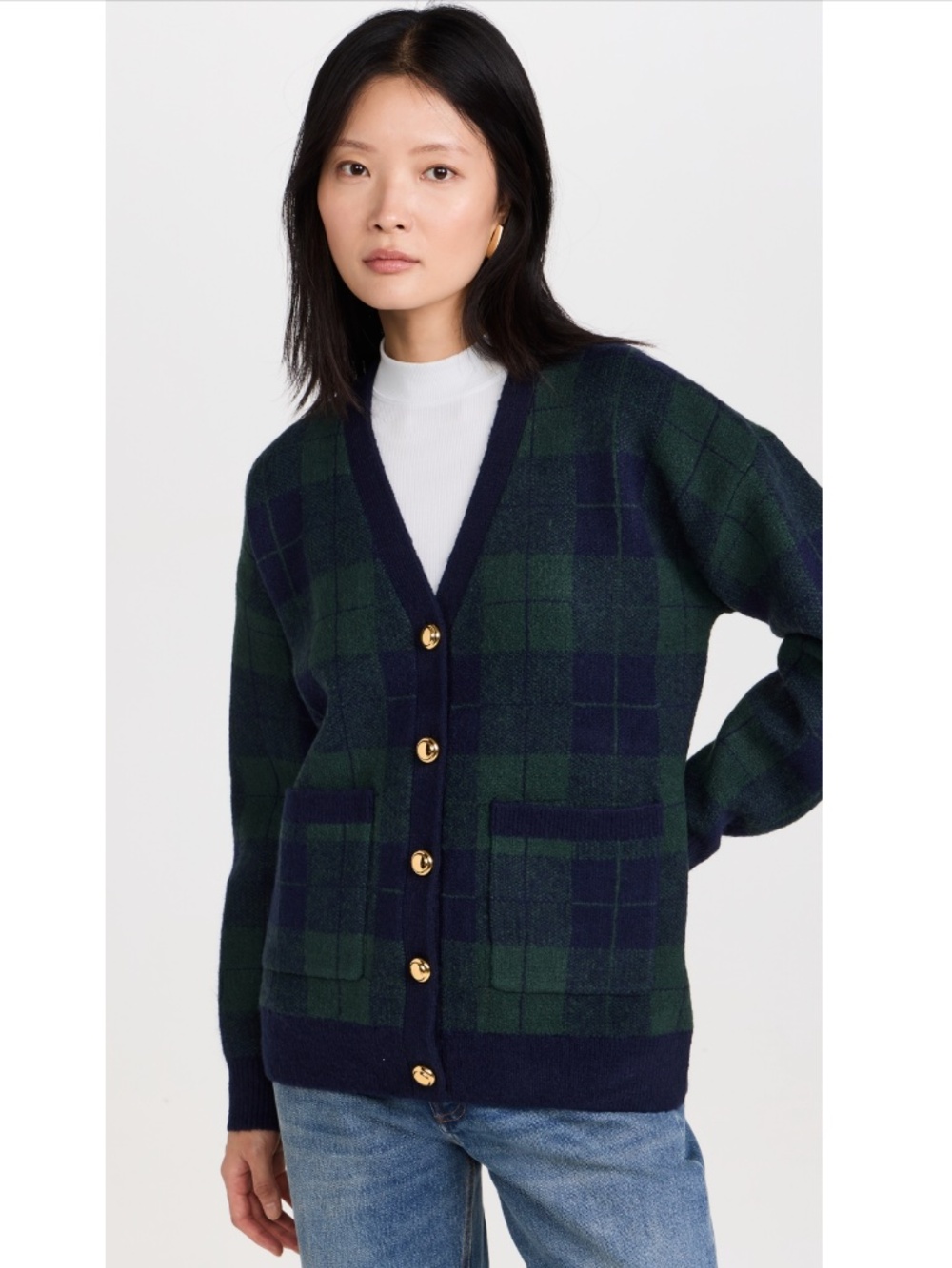 NWT English Factory Navy & Green Plaid Wool-Blend Cardigan
